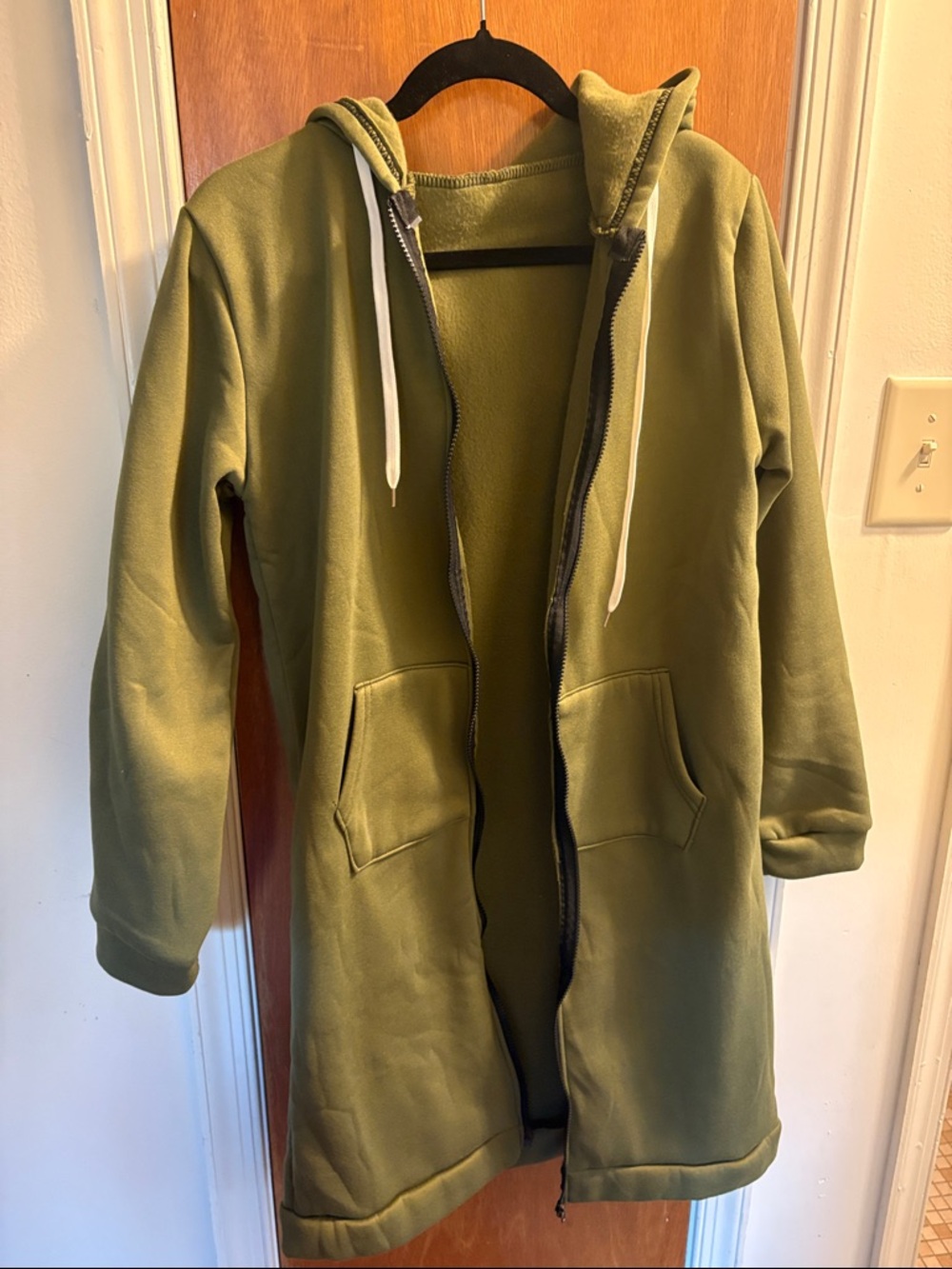 Olive Green Tunic Length Hooded Zip-Up Coat